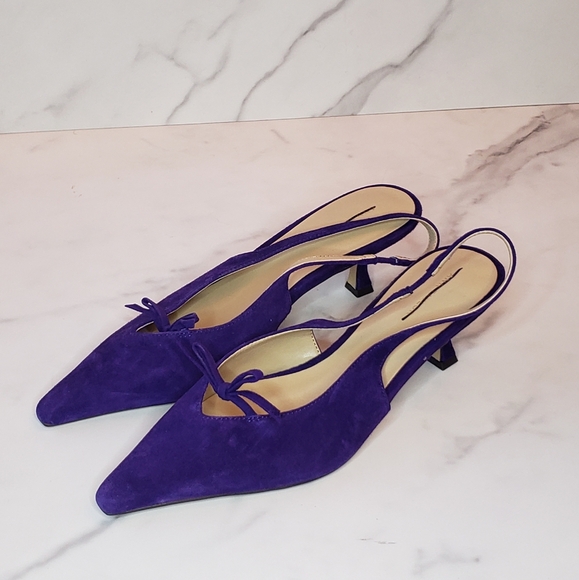 Ann Taylor Mini Bow Slingback Pointy Toe Purple Suede Kitten Heel Pumps Size 7 - Picture 2 of 7